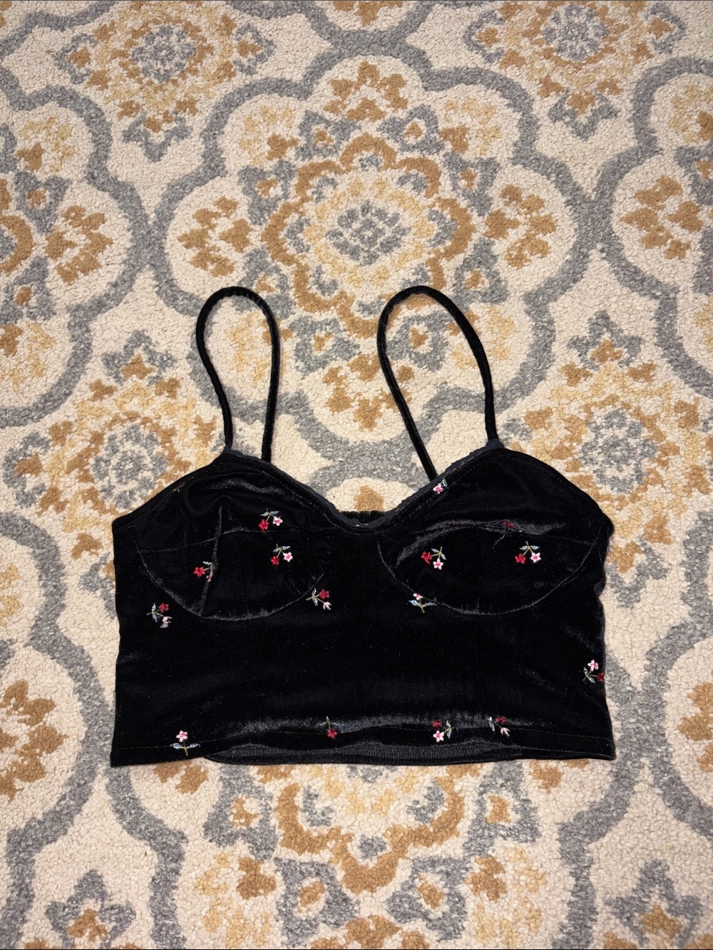 Black velvet floral bustier crop top